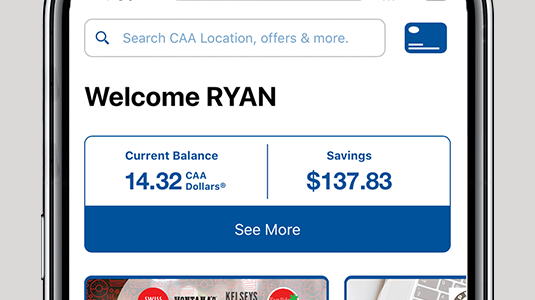 Image showing smartphone screen with words WELCOME RYAN and two boxes, one labelled Current Balance and the other labelled Savings.