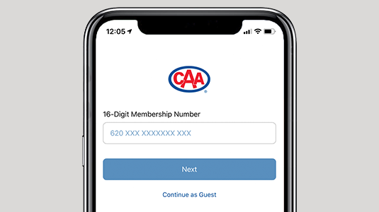Image of smartphone screen with a CAA logo in the centre and a field below it for entering a membership number, and underneath a small button labelled NEXT.