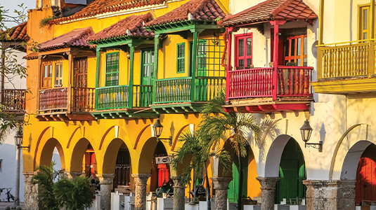 Colourful historical buildings with balconies, Carriage Square, Cartagena